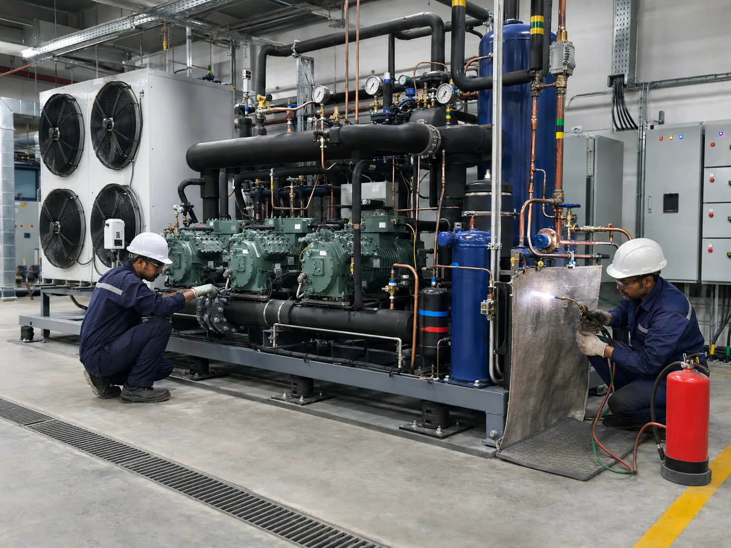 Refrigeration room installation with cooling equipment and piping