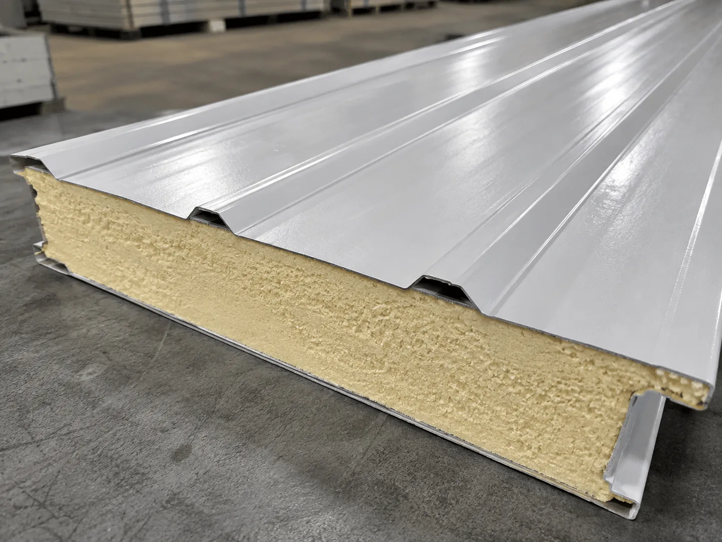 PUF roofing sheet showing insulated polyurethane foam core and metal layers