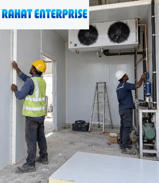 Technicians installing insulated panels for a commercial cold room by RAHAT ENTERPRISE, a cold room manufacturer