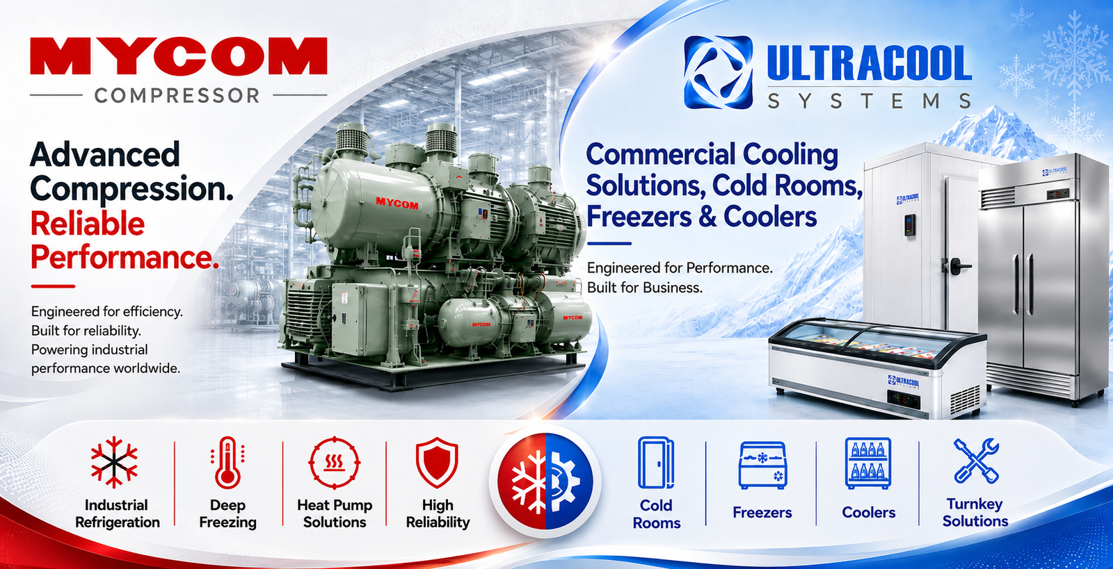Commercial cooling solutions and Industrial-scale refrigeration.